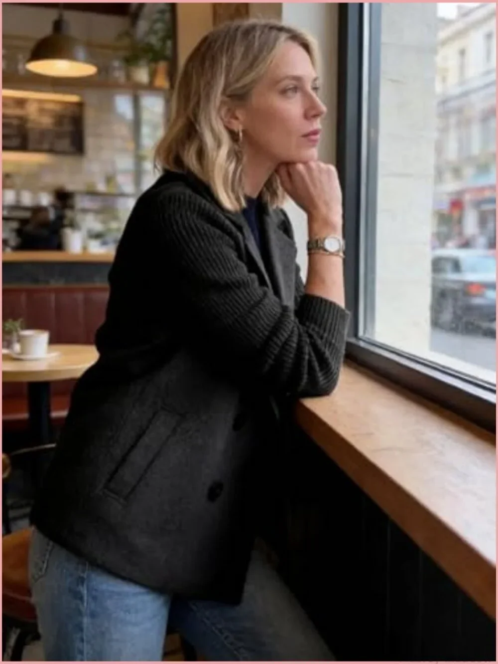 Cropped Wool Blend Fall Knit Sweater Blazer Double Breasted Pea Coat